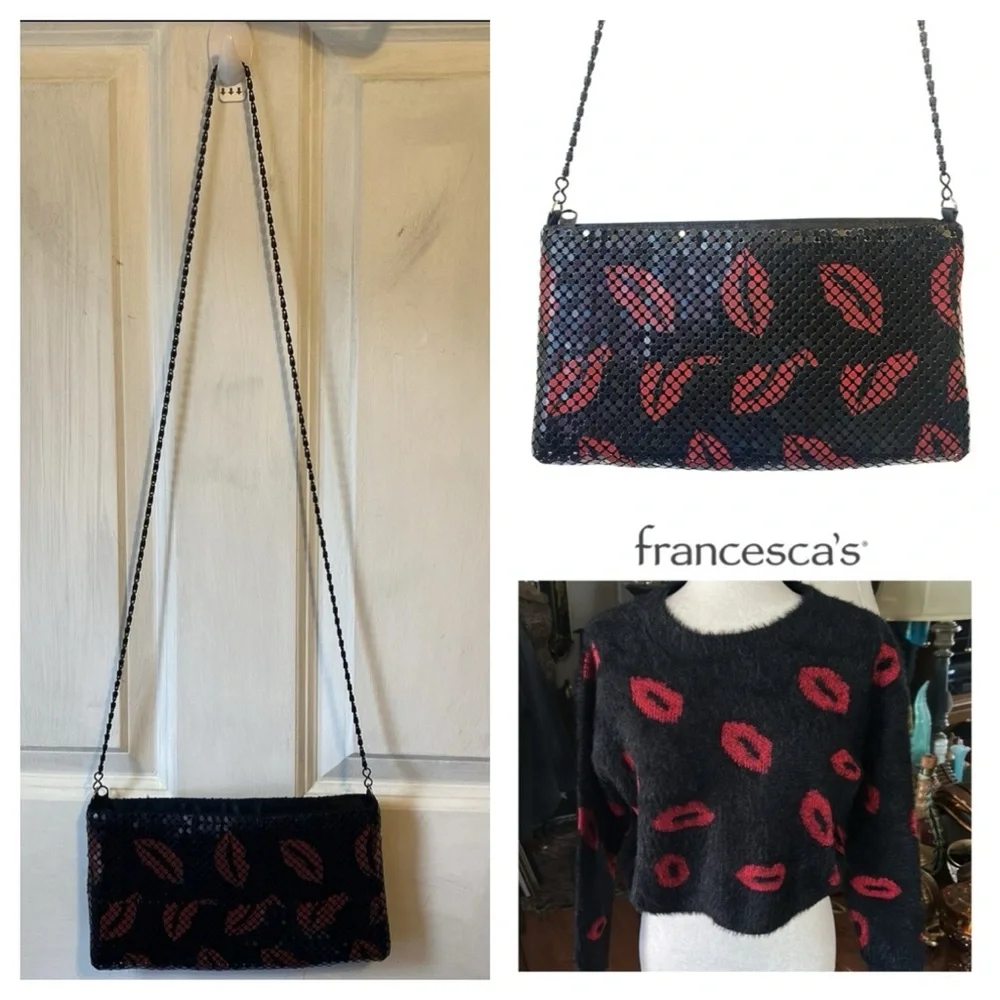 Vintage Red Lips Black Metal Mesh Crossbody Clutch Bag
